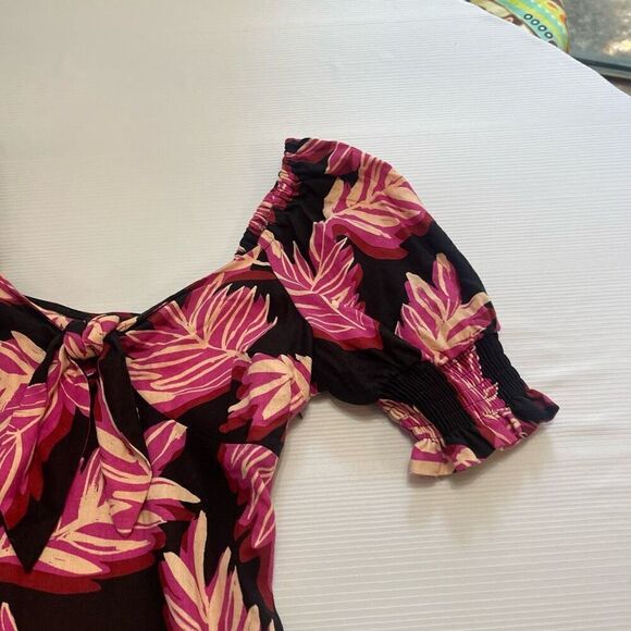 Who What Wear Pink Tropical Linen Puff Sleeve Dress Size Medium - Picture 2 of 11